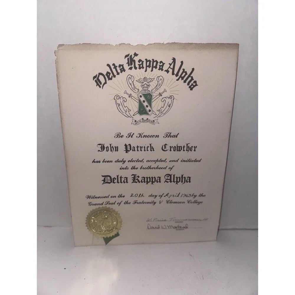 1963 Clemson Delta Kappa Alpha Certificate 1967 Navy Discharge Document Lot